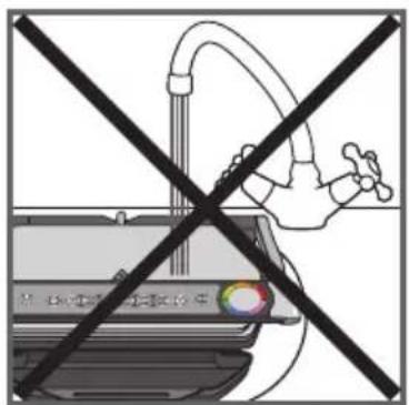 Diagram showing a hand holding a device with a black cross crossed over it, indicating prohibition or prohibition against the device.