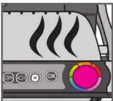 Illustration of a toaster with steam lines and control buttons (no text or symbols)