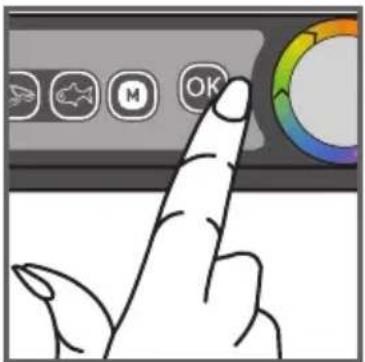 Hand pointing at a software interface with icons for navigation, settings, and action buttons
