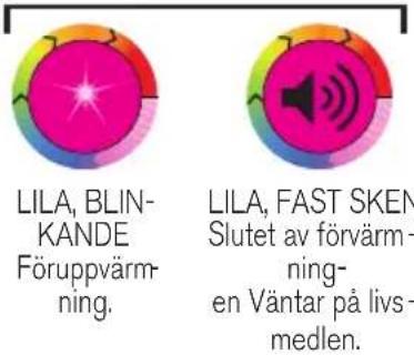 LILA, BLIN-KANDE Föruppvärmning. LILA, FAST SKEN Slutet av förvärmning- en Väntar på livsmedlen.