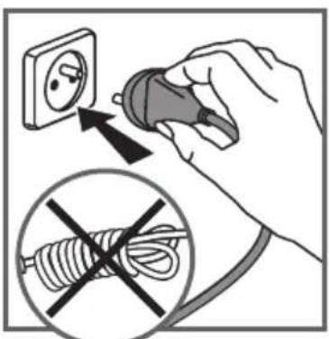 Diagram illustrating electrical installation with a hand using a tool to adjust an electrical socket, and a magnified view showing the cable being blocked.