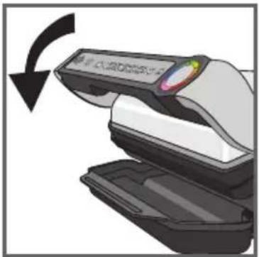 Close-up of a hand holding a device with a circular light source, showing a curved arrow indicating rotation (no text or symbols visible)