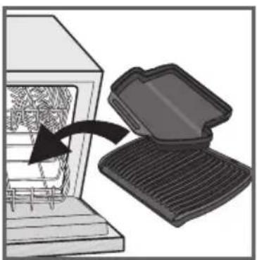 Illustration of a grating machine with a lid removed from its side panel (no text or symbols)