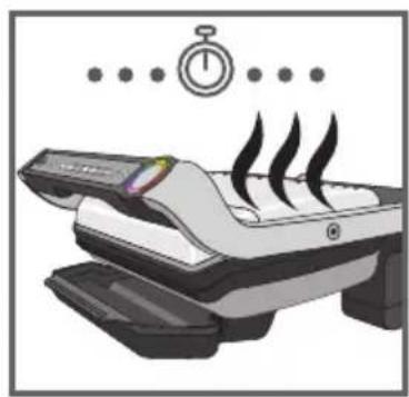 Illustration of a printer with steam rising, accompanied by a stopwatch and dotted lines (no text or symbols)