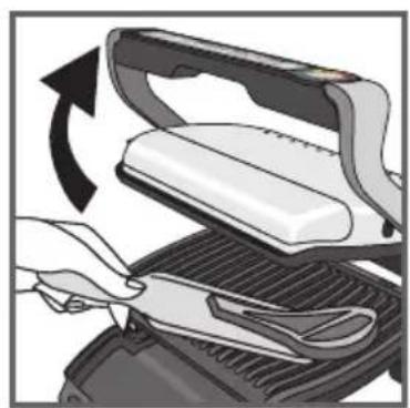 Illustration of a hand using a power iron to press down a grater (no text or symbols visible)
