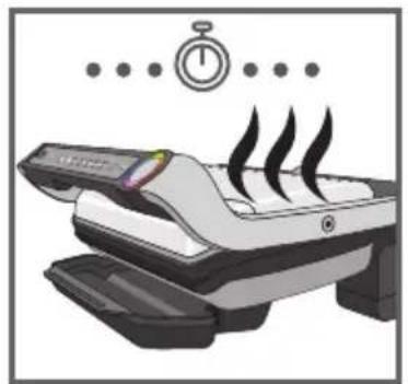 Illustration of a printer with steam rising, accompanied by a stopwatch above (no text or symbols)
