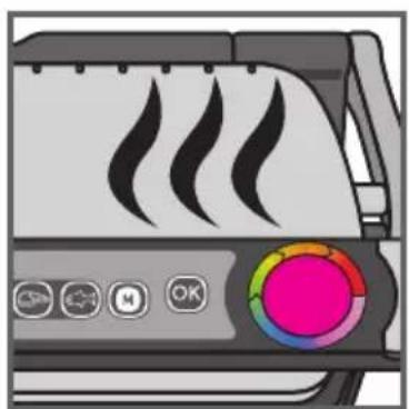 Illustration of a toaster with steam and control buttons (no text or symbols)