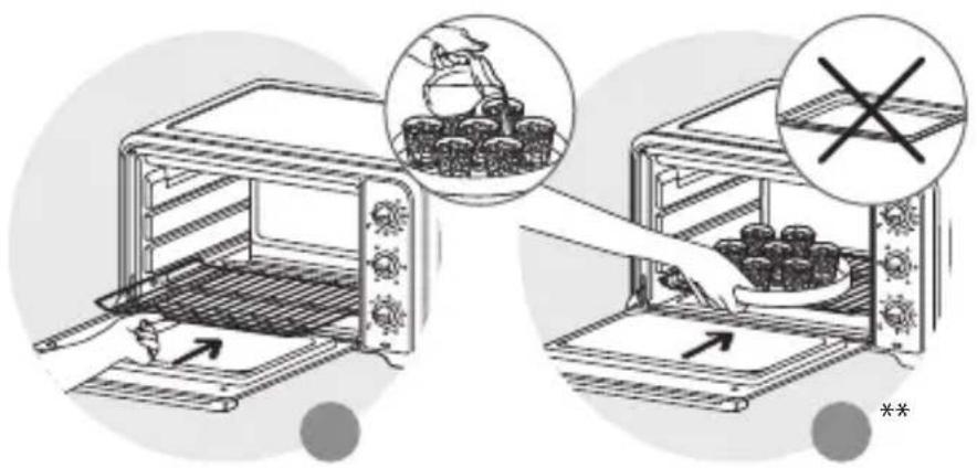 Diagram illustrating food preparation steps: one oven with a hand holding a tray, another with a crossed-out box and a magnified view of the setup.