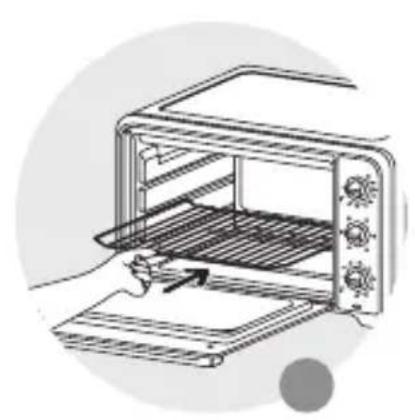 Illustration of a microwave oven with a hand inserting a tray into the oven (no text or symbols)