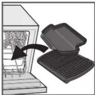 Illustration of a grating machine with a lid removed from its side panel (no text or symbols)