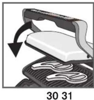 Illustration of a frying pan with a curved arrow indicating rotation, labeled '30 31' below (no text or symbols on the diagram itself)
