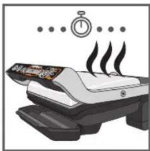 Illustration of a printer emitting steam with a stopwatch above it (no text or symbols)
