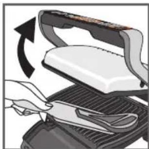 Illustration of a hand using scissors to cut a flat plate on a griddle, with an arrow indicating rotation (no text or symbols)