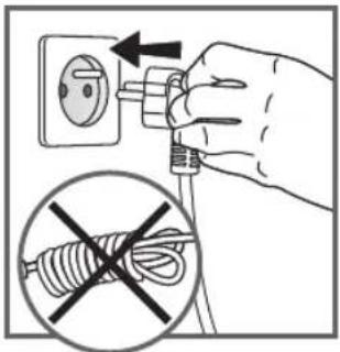 Diagram showing hand installation of a power socket with a fuse, accompanied by a prohibition symbol over wiring.