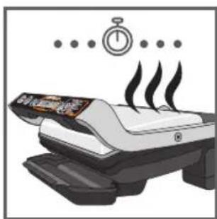 Illustration of a printer emitting steam with a stopwatch above (no text or symbols)