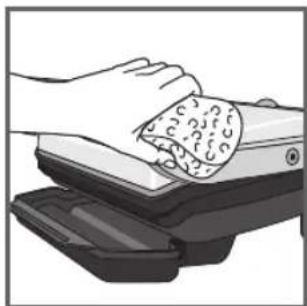 Illustration of hands cleaning a textured object on a mechanical device (no text or symbols visible)