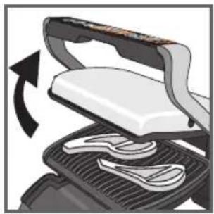 Close-up of a kitchen grater with a white lid and black handle, showing a rotating arrow indicating rotation (no text or symbols)
