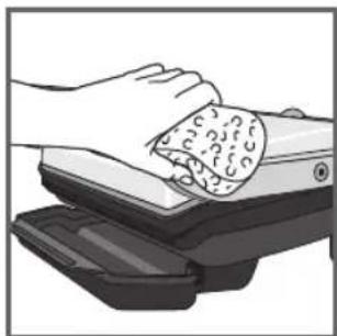 Illustration of hands cleaning a textured object on a mechanical device (no text or symbols visible)