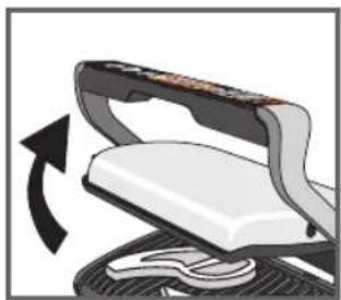 Close-up of a white office chair with a curved handle and black scroll wheel, showing a rotational arrow (no text or symbols)