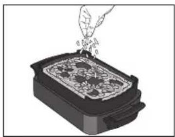 Illustration of a hand placing food into a rectangular dish with a lid (no text or symbols visible)