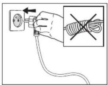 Diagram showing a hand connecting an electrical outlet to a cable with a magnified inset illustrating the cable being crossed out.