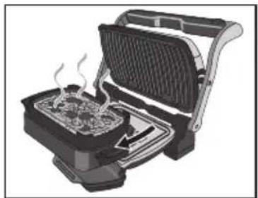 Illustration of a griddle oven with steam rising from the side (no text or symbols)