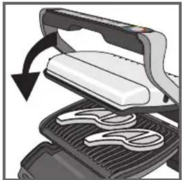 Illustration of a hair iron pressing down on a grater with a curved arrow indicating motion (no text or symbols)