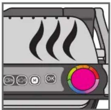 Illustration of a toaster with steam and control buttons (no text or symbols)