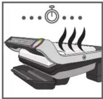 Illustration of a printer with motion lines and a stopwatch above it (no text or symbols)