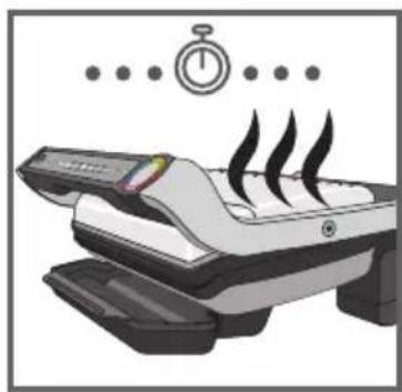Illustration of a printer with steam rising, accompanied by a stopwatch and clock (no text or symbols)