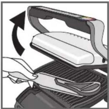 Illustration of a hand using a power iron to press down a grater (no text or symbols visible)