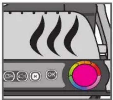 Illustration of a kitchen appliance with steam rising and a colorful circular button (no text or symbols)