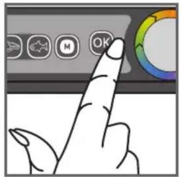 Illustration of a hand pointing at a keyboard with icons (no text or symbols on the finger)