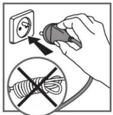 Diagram illustrating electrical installation with a hand using a plug to install an electrical socket, accompanied by a prohibition symbol.