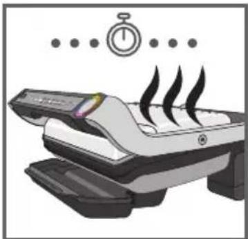 Illustration of a printer with steam rising, accompanied by a stopwatch and stopwatch icon (no text or symbols)