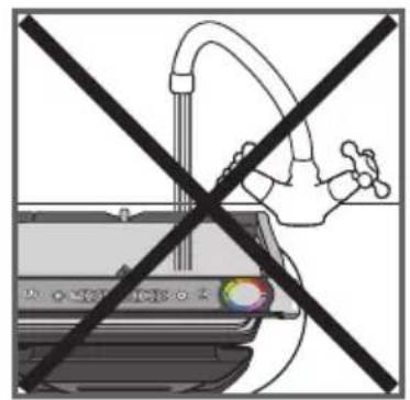 Diagram showing a hand holding a water bottle above a washing machine with a crossed-out black cross symbol.
