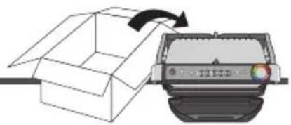Illustration of a box being placed into a printer with an arrow indicating the process (no text or symbols present)