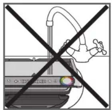 Crossed black-and-white diagram of a printer with a hand holding a water bottle, no text or symbols present.