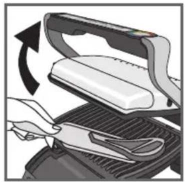 Illustration of a hand using a power iron to press down a grater (no text or symbols visible)