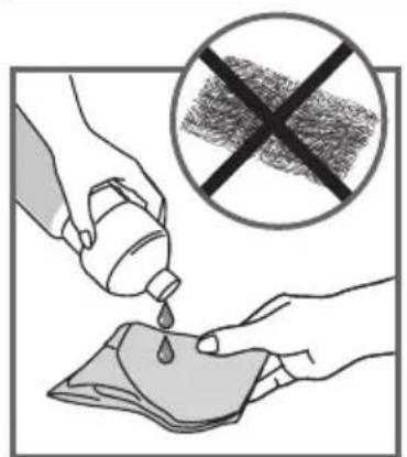 Illustration showing hands pouring liquid from a bottle into a cloth, with a crossed-out no-smooth background symbol.