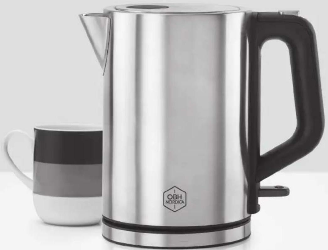 Exterior view of a modern stainless steel water heater with a black handle and a matching mug labeled 'OBH NORDICA' (no additional text or symbols visible)
