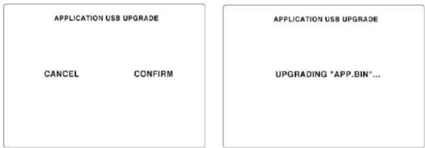 APPLICATION USB UPGRADE CANCEL CONFIRM APPLICATION USB UPGRADE UPGRADING "APP.BIN"...