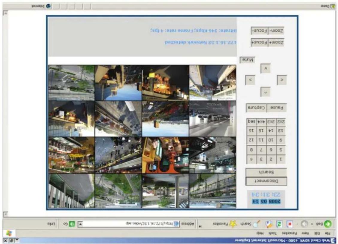 Zoom+ Focus+ 172.16.1.52 Network detected Rate: 346 Kbps/ Frame rate: 4 fps; Zoom- Focus- Mute V < = Pause Capture 2x2 3x3 4x4 5x5 13 14 15 16 9 10 11 12 5 6 7 8 1 2 3 4 Search Disconnect 2008 05 14 File Edit View Favorites Tools Help Web Card SPN-1500 - Project Internet Explorer Address http://172.16.1.52/video.asp Link