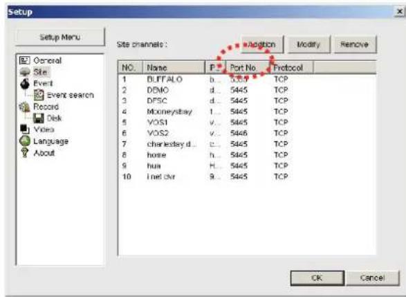 Setup Setup Menu Site channels: NO. Name P Port No Protocol 1 BLFFALO b... 5447 TCP 2 DEMO d... 5445 TCP 3 DFSC d... 5445 TCP 4 Moneystay i... 5445 TCP 5 VOS1 v... 5445 TCP 6 VOS2 v... 5446 TCP 7 charlesley d... c... 5445 TCP 8 home h... 5445 TCP 9 hua H... 5445 TCP 10 Inet Ovr g... 5445 TCP OK Canc…