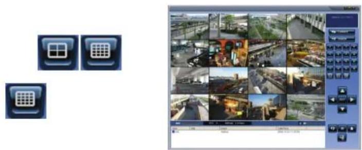 Screenshot of a security camera interface displaying multiple surveillance feeds and system status icons, alongside a dashboard panel.