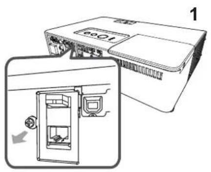 Diagram showing a device with labeled ports and an open refrigerator, including a directional arrow indicating movement.