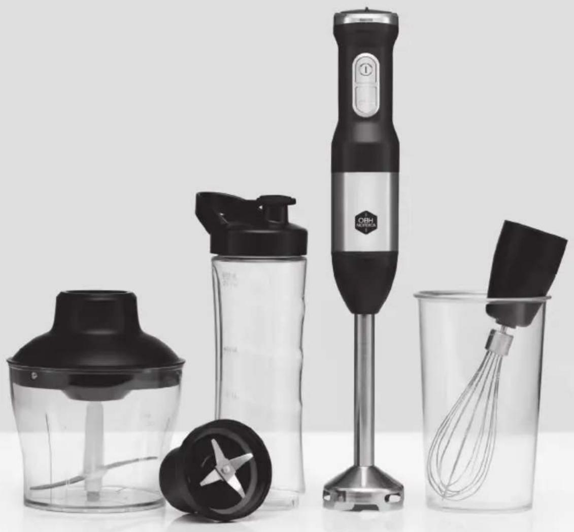 Black-and-white product photo showing kitchen utensils including a blender, blender, and whisk (no text or symbols visible)