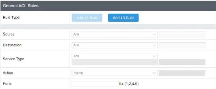 General ACL Rules Rule Type: Add L2 Rule Add L3 Rule Source Any Destination Any Service Type Any Action Permit Ports Ex(1,2,4-6)