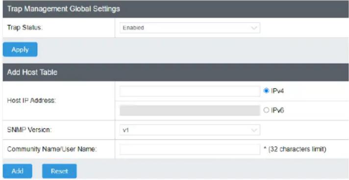 Trap Management Global Settings Trap Status: Enabled Apply Add Host Table Host IP Address: IPv4 SNMP Version: v1 Community Name/User Name: * (32 characters limit) Add Reset