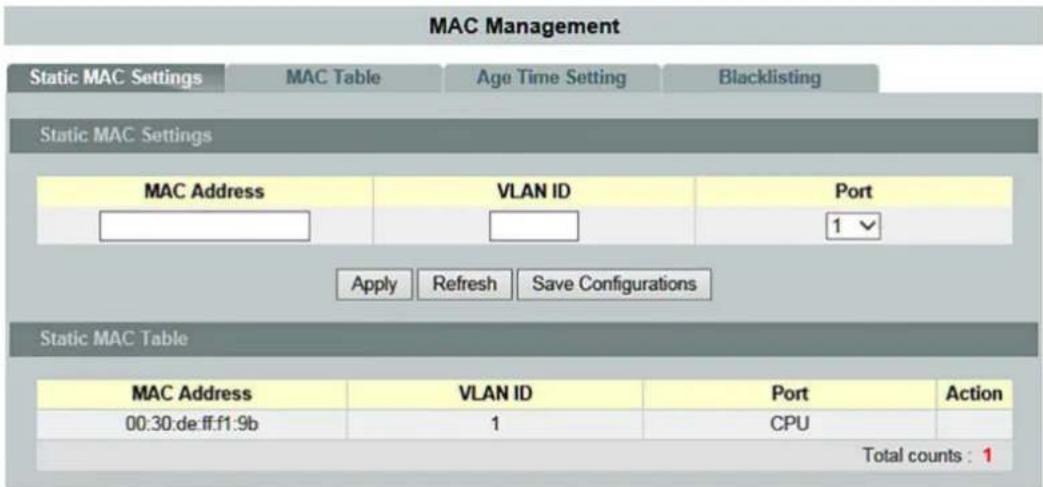 MAC Management Static MAC Settings MAC Table Age Time Setting Blacklisting Static MAC Settings MAC Address VLAN ID Port 1 Apply Refresh Save Configurations Static MAC Table MAC Address VLAN ID Port Action 00:30:de.ff.f1:9b 1 CPU Total counts : 1
